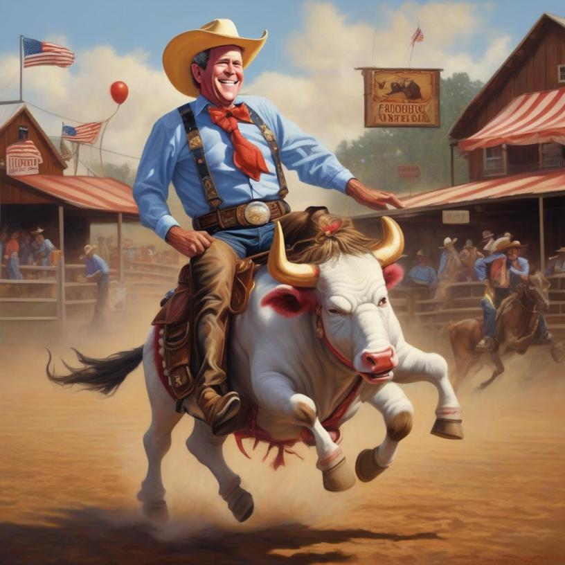 George Bush riding a longhorn steer