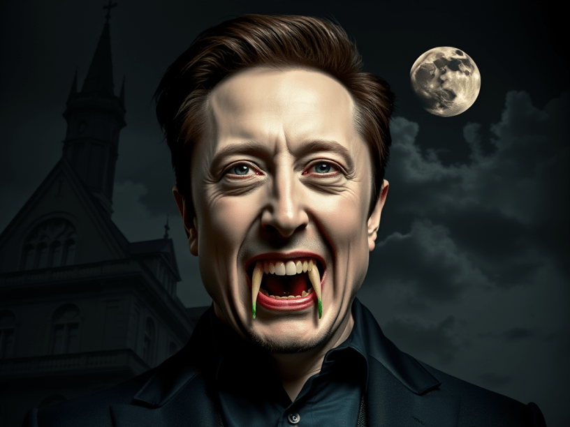 Elon Musk with exaggerated vampire teeth.
