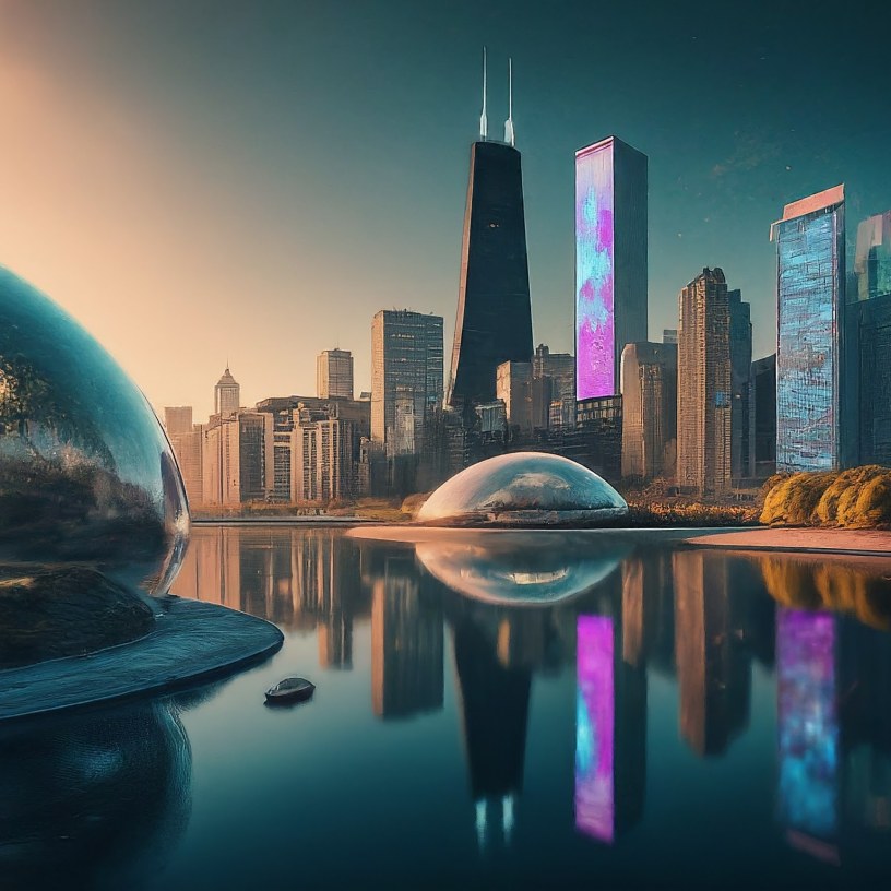 A futuristic Chicago lakefront with domed structures and neon-lit skyscrapers reflecting in calm water, under a warm, surreal sky.