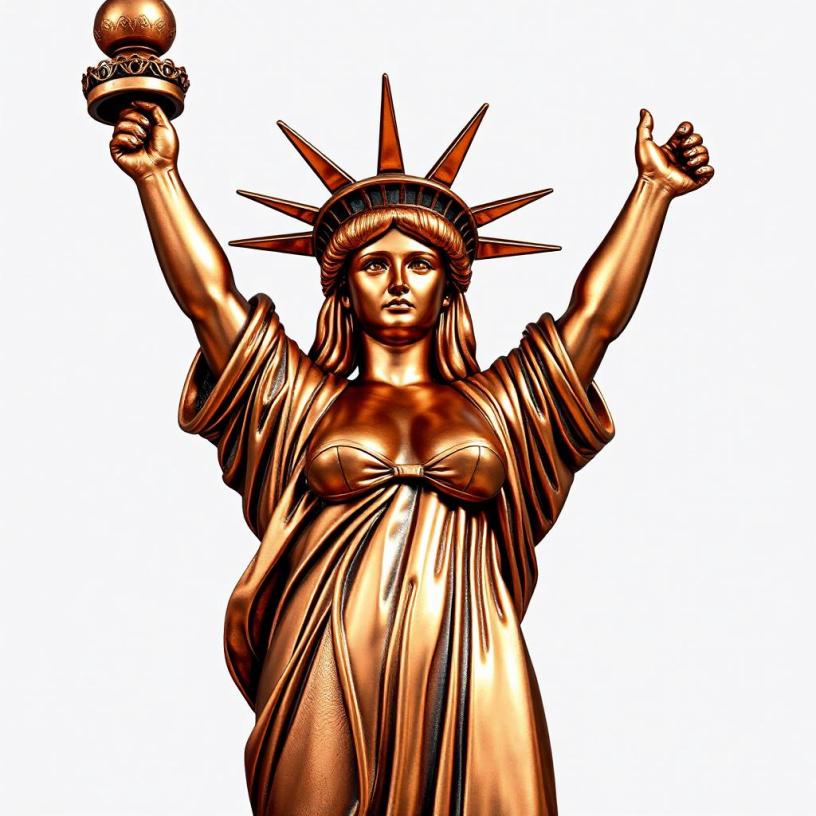 Lady Liberty, with both arms in the air in polished copper, augmented, and enhanced, because someone had to do it. We think they are DD now.