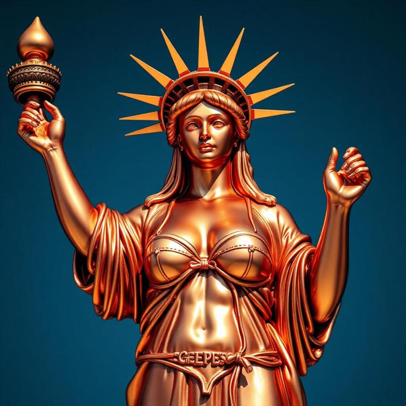 Lady Liberty in polished copper hews sporting the finest in understated bikini ware for the world's masses to ogle at in wrapped adoration in New York Harbor.