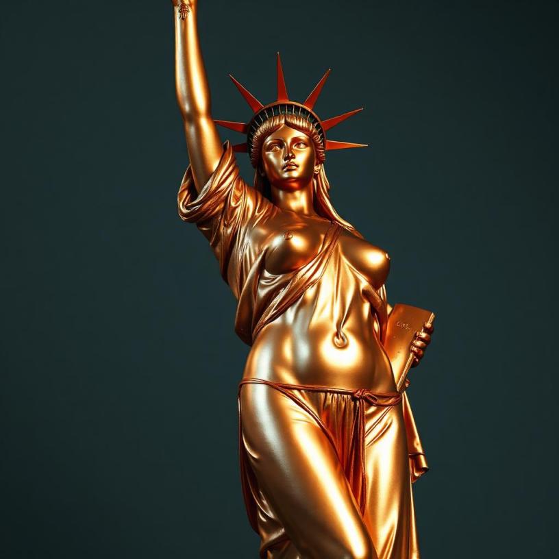 A digitally rendered bronze-gold statue resembling the Statue of Liberty, depicted as a curvaceous woman wearing revealing draped cloth. One breast is partially exposed, and the figure holds a tablet in one hand while raising a torch in the other. The style is reminiscent of fantasy or cosplay art, merging patriotic iconography with sensual reinterpretation.
