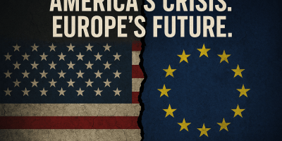 Split image of a cracked American flag on the left and a cracked European Union flag on the right, divided by a jagged black fracture with bold text reading “AMERICA’S CRISIS. EUROPE’S FUTURE.”