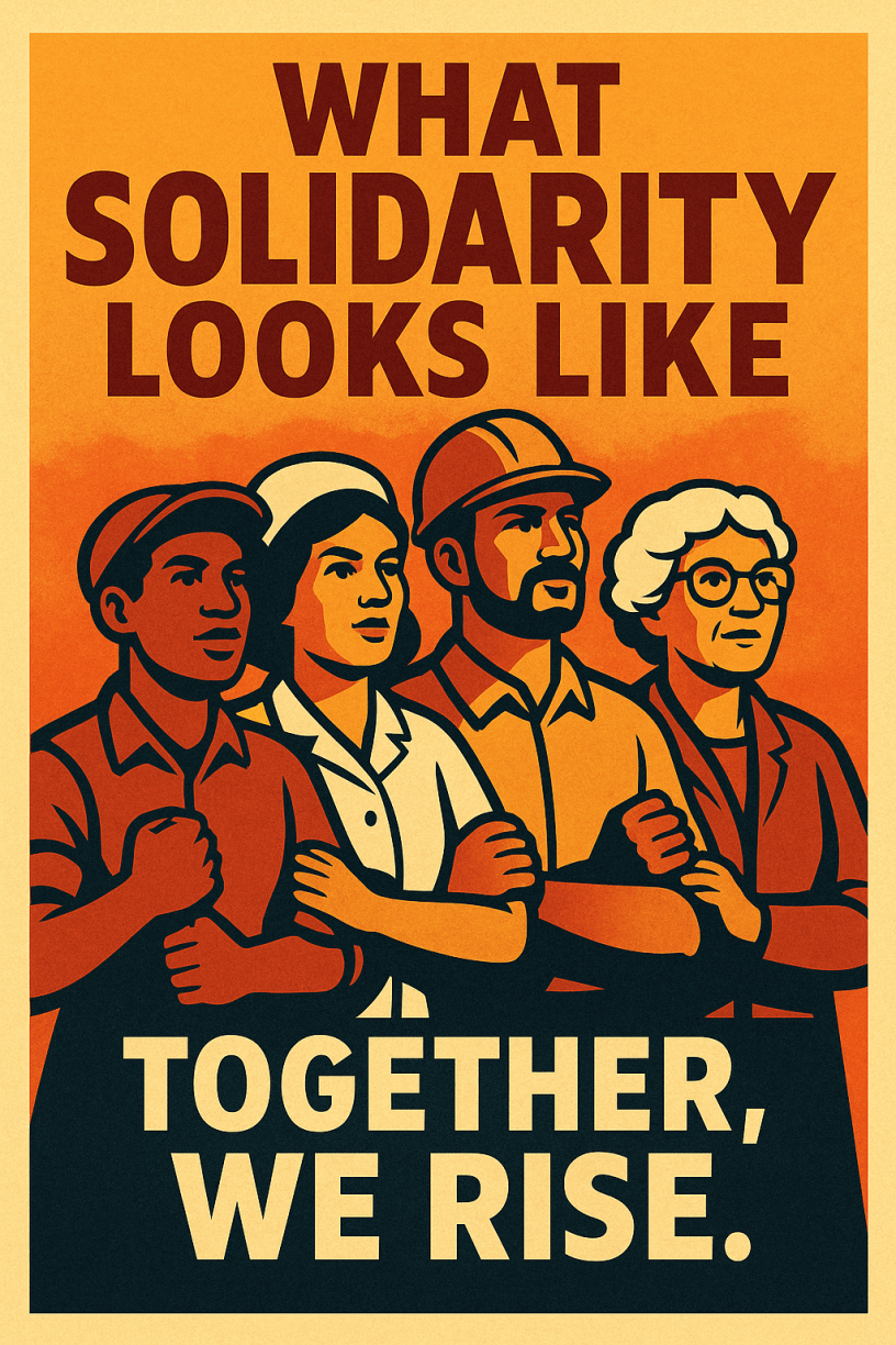 A vintage-style graphic poster with bold red and yellow tones. Four diverse workers—Black, Latina, white male, and elderly white woman—stand side by side, arms linked or fists raised in solidarity. The text above reads: "WHAT SOLIDARITY LOOKS LIKE." Below them, in bold, capitalized letters: "TOGETHER, WE RISE."