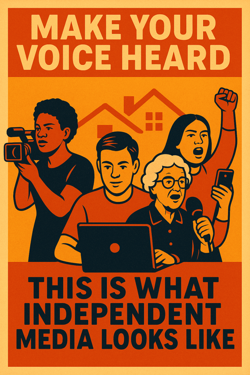 A bold, vintage-style poster featuring four diverse people actively engaged in independent media creation. A young Black man films with a video camera, a white teenager types on a laptop, an elderly woman speaks into a microphone, and a young woman raises her fist while holding a phone. The top text reads: “MAKE YOUR VOICE HEARD.” At the bottom: “THIS IS WHAT INDEPENDENT MEDIA LOOKS LIKE.”