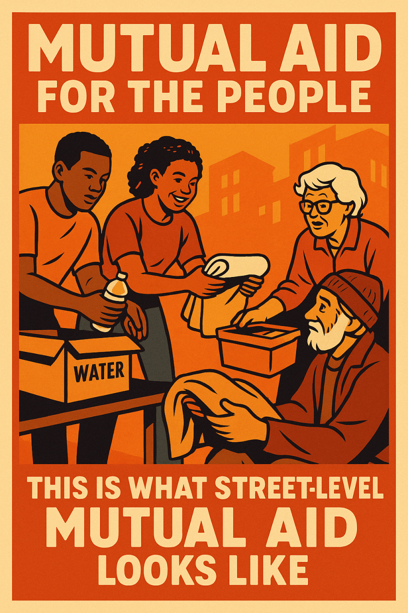 A vintage-style poster with warm tones of red, orange, and yellow. The top text reads “MUTUAL AID FOR THE PEOPLE.” Below, three individuals—an African American man, a smiling young woman, and an elderly woman—offer water, supplies, and blankets to an older man seated on the ground. At the bottom, bold text declares: “THIS IS WHAT STREET-LEVEL MUTUAL AID LOOKS LIKE.”