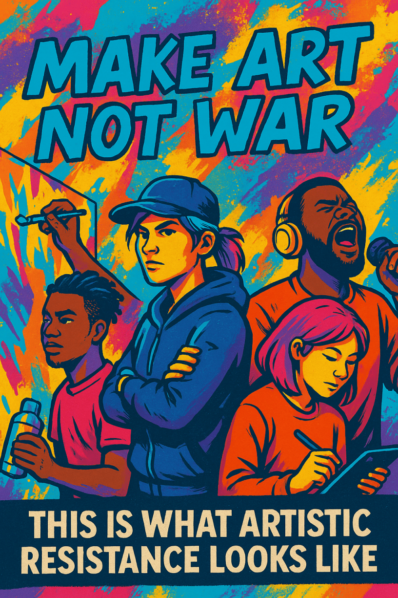 A vibrant, graffiti-style poster with bold splashes of blue, pink, orange, and yellow. At the top, in electric blue lettering: “MAKE ART NOT WAR.” Below, four diverse young artists: one painting, one with arms crossed in defiance, one screaming into a mic, and one drawing on a tablet. The text at the bottom reads: “THIS IS WHAT ARTISTIC RESISTANCE LOOKS LIKE.”