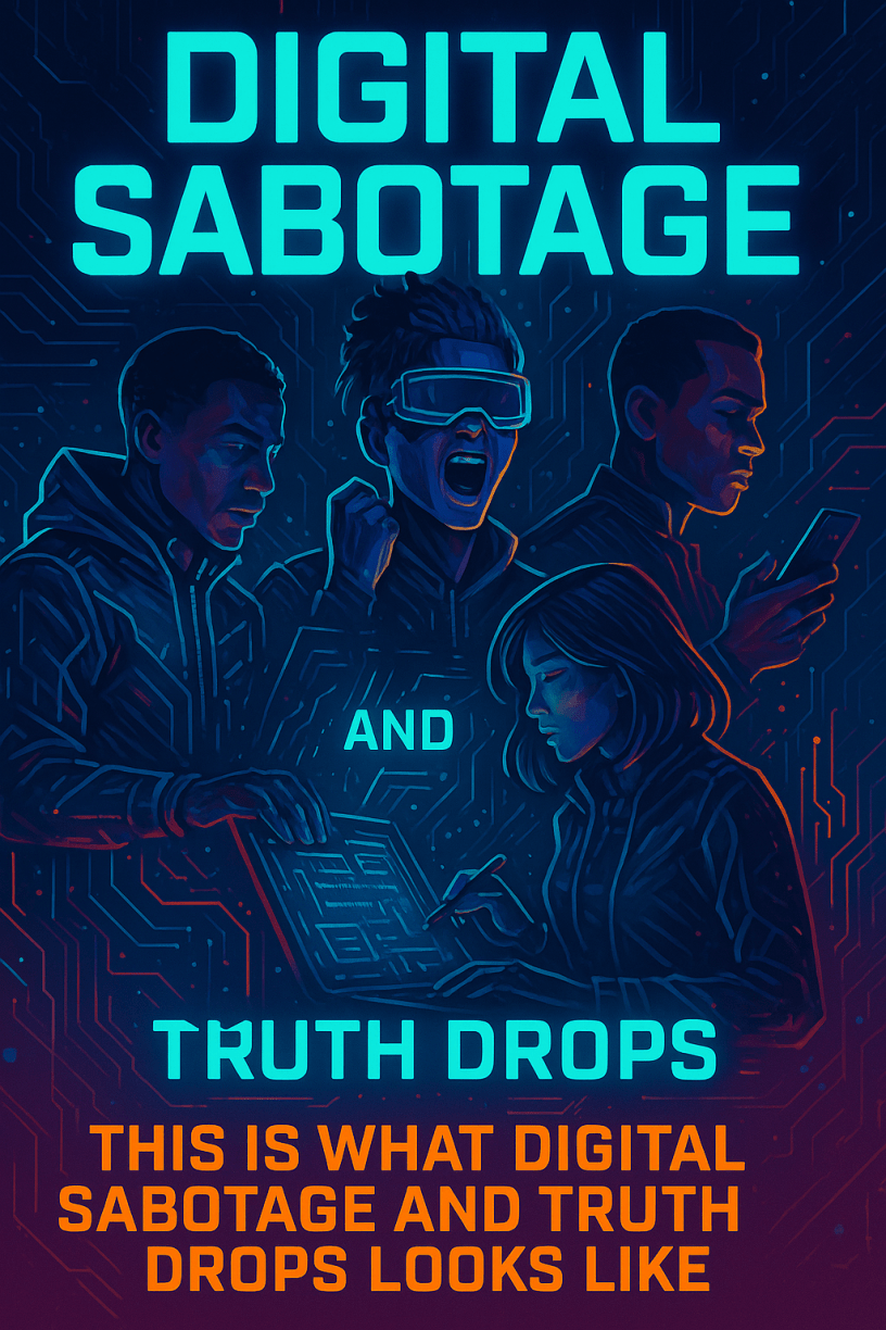 A cyberpunk-style poster featuring a hooded figure surrounded by glowing data streams, QR codes, and neon circuitry. Screens display fragmented headlines and protest messages. The central figure's face is hidden, eyes glowing beneath the hood. The words “DIGITAL SABOTAGE & TRUTH DROPS” blaze across the top in glitchy, electric lettering. The scene is saturated in deep blues, purples, and reds—like a digital battlefield lit by rebellion.