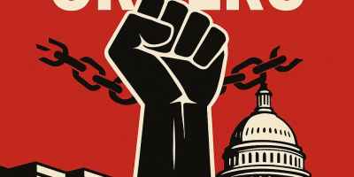 Bold red poster: “STOP AUTHORITARIAN ORDERS,” fist breaking chains before U.S. Capitol, banner “DEFEND DEMOCRACY – ACT NOW.”