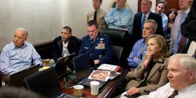 President Barack Obama, Vice President Joe Biden, Secretary of State Hillary Clinton, and other senior officials watch a live feed of the SEAL Team Six raid on Osama bin Laden’s compound from the White House Situation Room, May 2011.