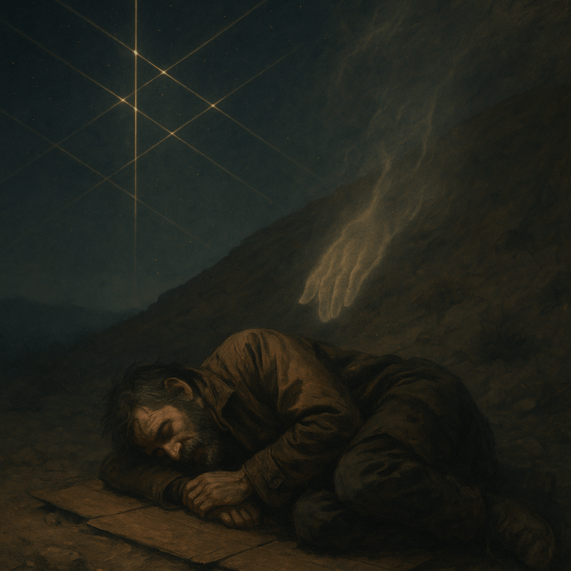 A homeless man lies on cardboard under a desert ridge at night, ragged coat pulled tight. Above him, glowing ley lines cross the sky, faintly forming the outline of a woman’s hand on his shoulder.