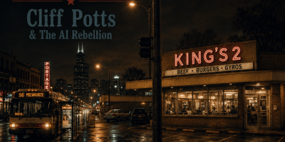 Album cover for the single Chicago Knew My Name by Cliff Potts & The AI Rebellion. A rainy nighttime Chicago street scene shows the intersection of Milwaukee Avenue and Gettysburg Avenue. A CTA bus waits near the curb, the Portage Theater marquee glows in the distance, and King's 2 restaurant is brightly lit on the corner. The wet pavement reflects city lights, with the Chicago skyline visible in the background. The cover includes the title, artist name, and the tagline: "A song about a corner, a walk, a city, and the people who made it home."