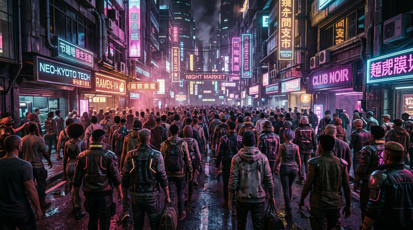 Crowd walking on wet street under neon-lit cyberpunk city night market signs
