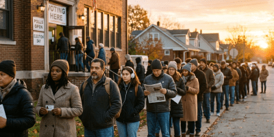 People standing in a line outside a polling station with 'Voting Here' sign