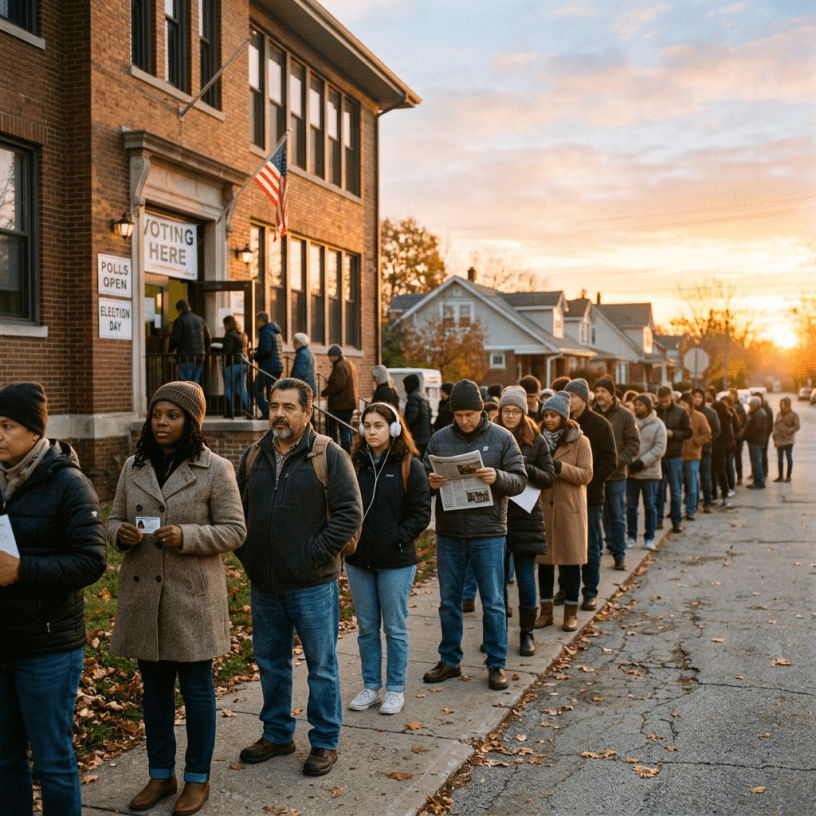 People standing in a line outside a polling station with 'Voting Here' sign