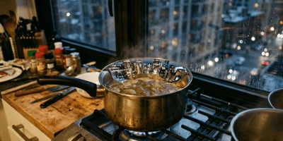 Boiling pot on gas stove reflecting cityscape at night through window