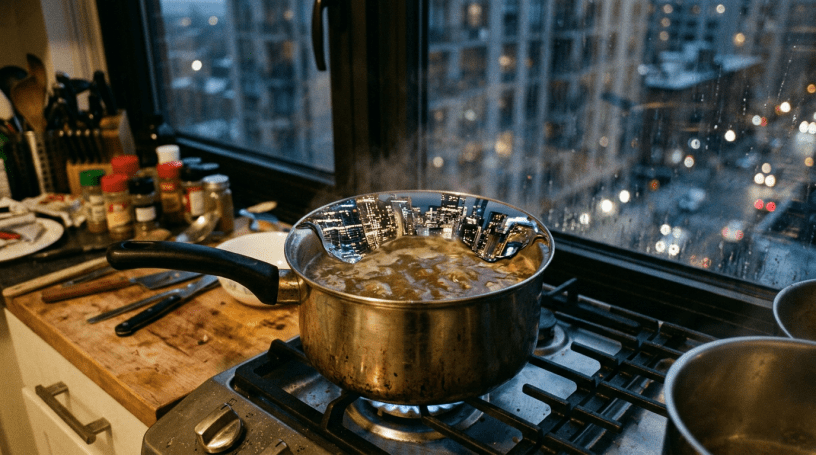 Boiling pot on gas stove reflecting cityscape at night through window