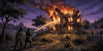 Two firefighters spraying hose water on a large house engulfed in flames at night