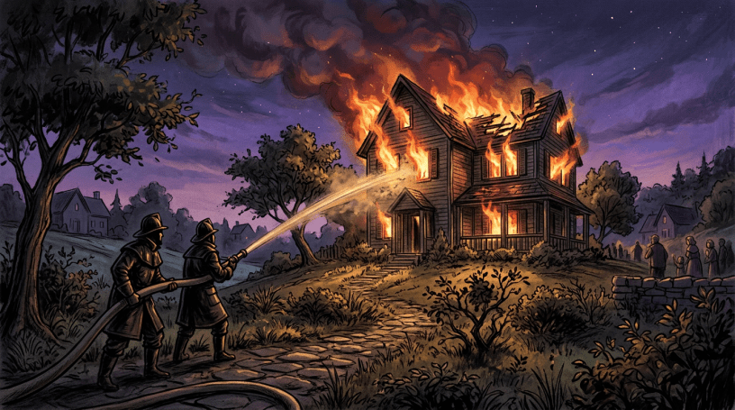 Two firefighters spraying hose water on a large house engulfed in flames at night