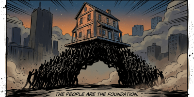 Silhouettes of many people holding up a house with city skyline background