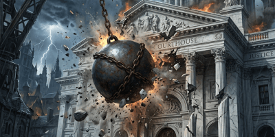 Wrecking ball smashing the front of a courthouse with debris and fire