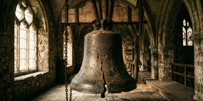 Cracked bronze bell in historic hall morning light