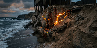 Crumbling concrete structure on beach with glowing cracks and sand flowing out