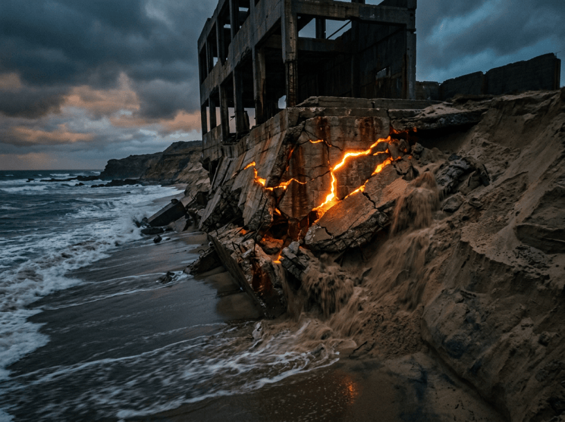 Crumbling concrete structure on beach with glowing cracks and sand flowing out