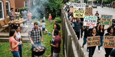 Group of people having a backyard barbecue while a protest march with signs happens on the street beside them