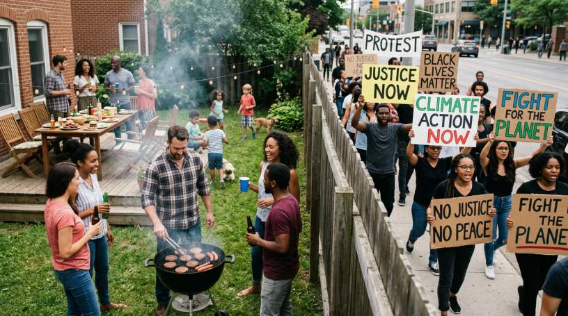 Group of people having a backyard barbecue while a protest march with signs happens on the street beside them