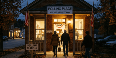 People entering a small brick building marked as a polling place with American flags outside