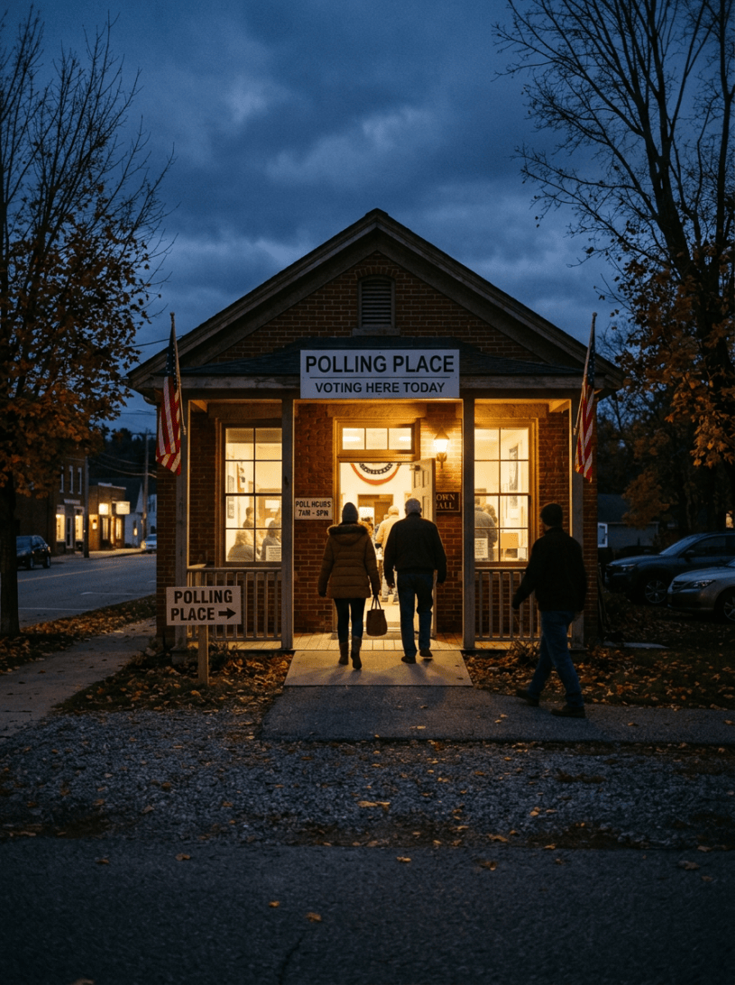 People entering a small brick building marked as a polling place with American flags outside