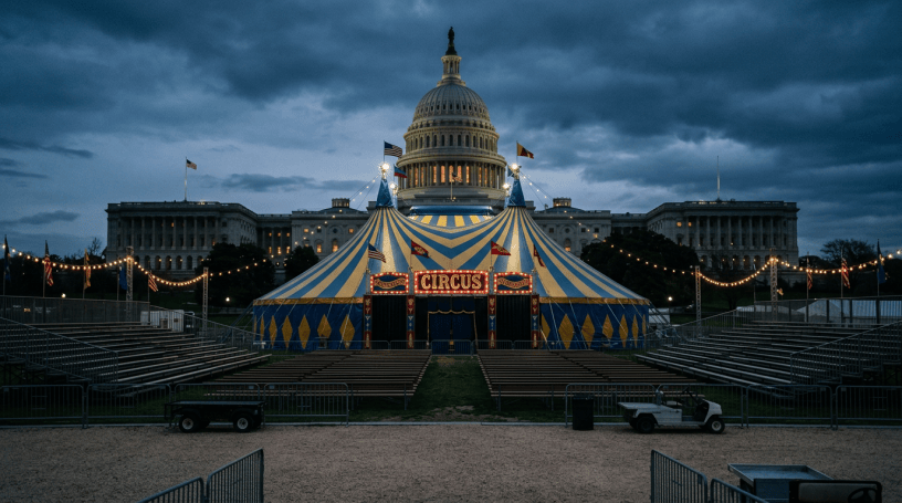 Blue and yellow circus tent with lights and seating stands in front of the U.S. Capitol building at dusk
