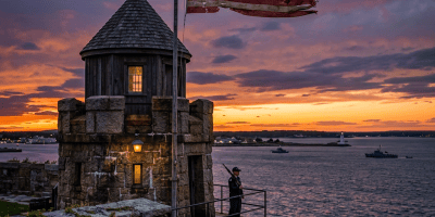 Stone coastal fort with guard and torn Betsy Ross flag at sunset