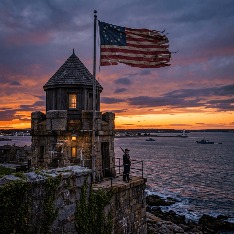 Stone coastal fort with guard and torn Betsy Ross flag at sunset
