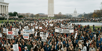 Crowd at anti-nuclear weapons protest holding signs like 'No Nukes' and 'Freeze the Arms Race' near Washington Monument