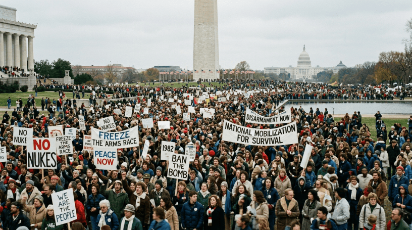 Crowd at anti-nuclear weapons protest holding signs like 'No Nukes' and 'Freeze the Arms Race' near Washington Monument