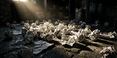 Crumpled papers on ground, dramatic directional lighting