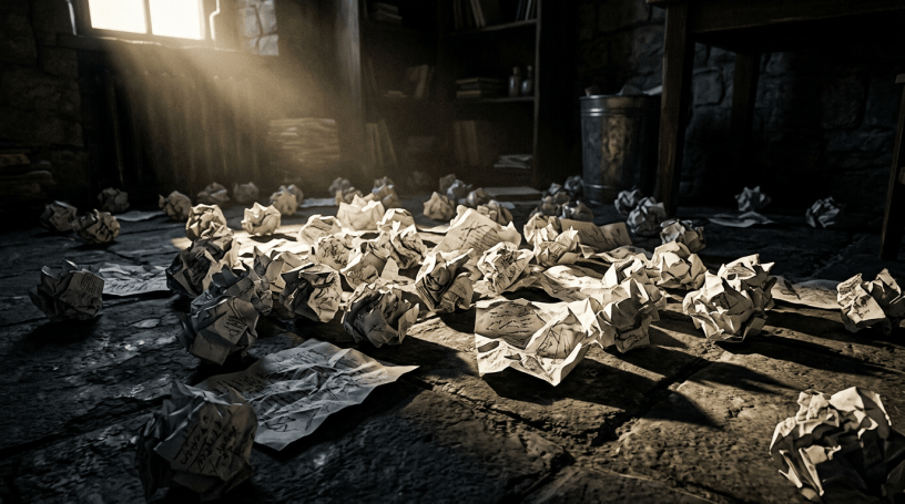 Crumpled papers on ground, dramatic directional lighting