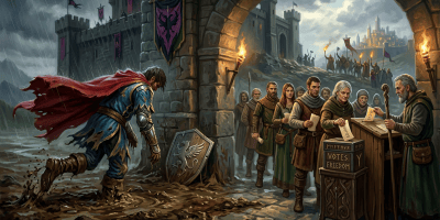 Medieval villagers lining up to vote for freedom at a castle gate while a wounded knight trudges through mud in the rain.
