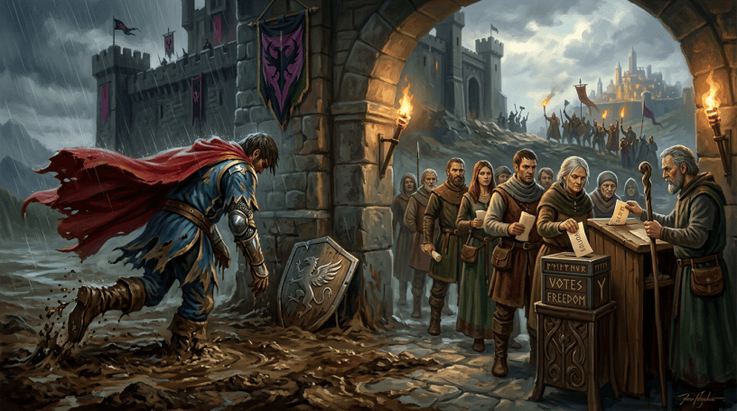 Medieval villagers lining up to vote for freedom at a castle gate while a wounded knight trudges through mud in the rain.