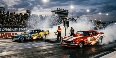 Two classic Camaro drag racing cars named Nitro Nightmare and Street Freak racing on a drag strip with smoke and flames.