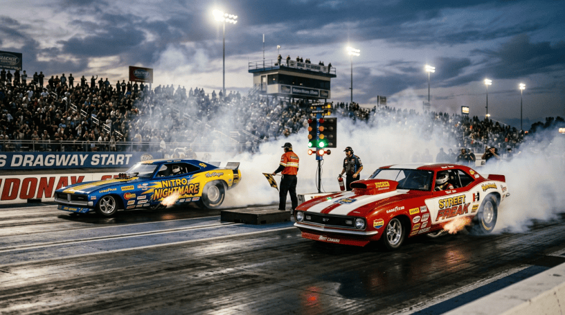 Two classic Camaro drag racing cars named Nitro Nightmare and Street Freak racing on a drag strip with smoke and flames.