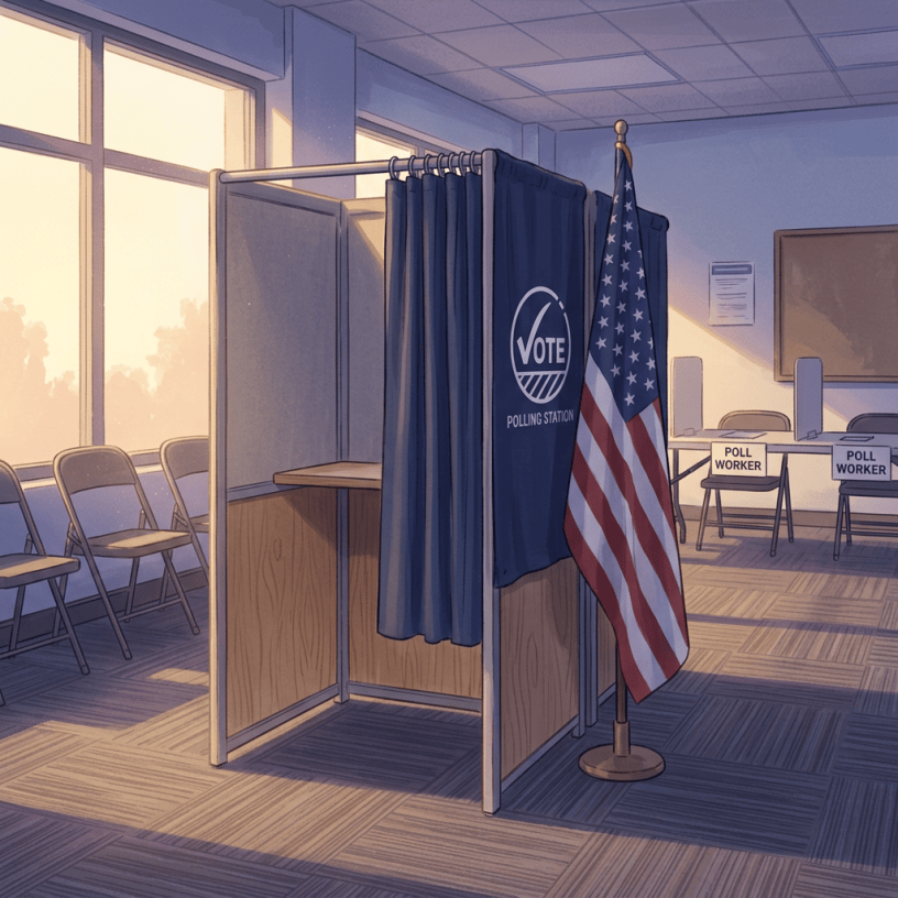 Empty voting booth with a curtain and a sign reading Vote Polling Station, American flag nearby
