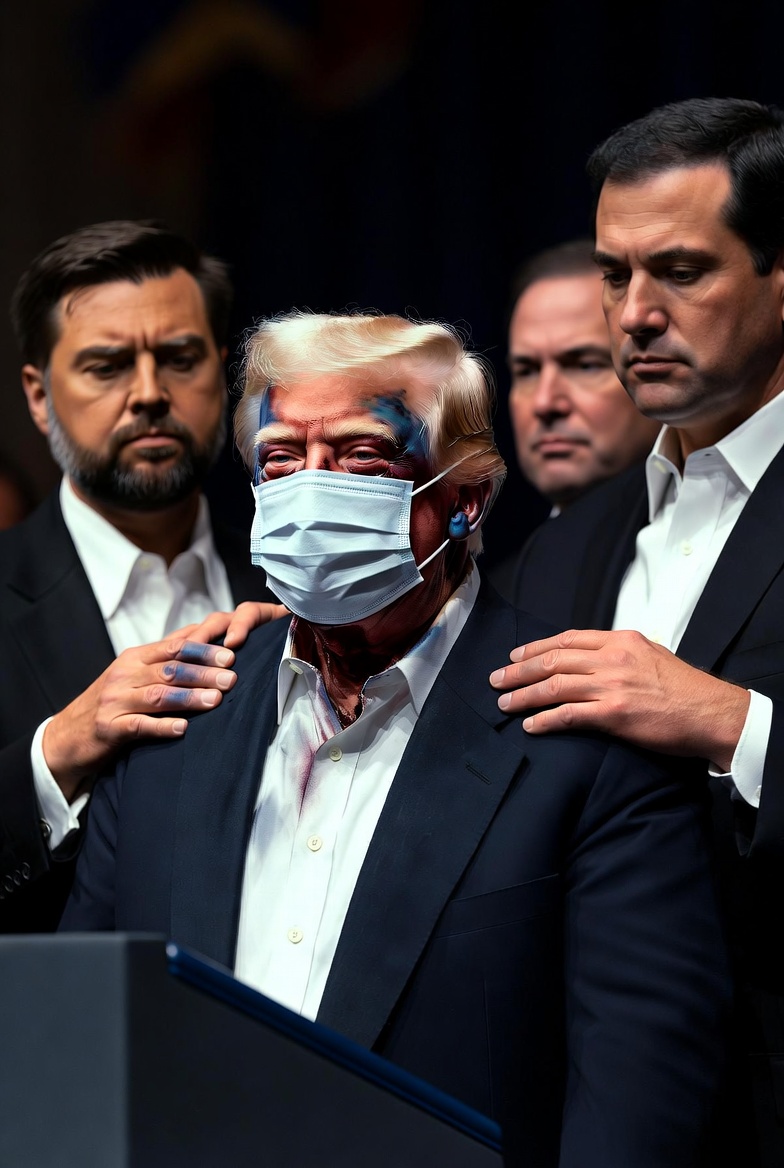 A realistic photograph-style image of Donald Trump standing at a podium, appearing bruised and battered with blue-tinged skin and a heavy orange tan, wearing a white surgical face mask. JD Vance stands to his left with a hand on Trump’s left shoulder, while Pete Hegseth stands to his right with a hand on Trump’s right shoulder. Marco Rubio is partially visible behind them. All three men wear dark suits and have serious expressions.