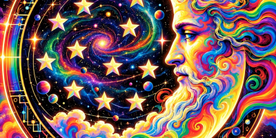 Psychedelic AI reimagining of the historic Procter & Gamble Man in the Moon logo with 13 stars.