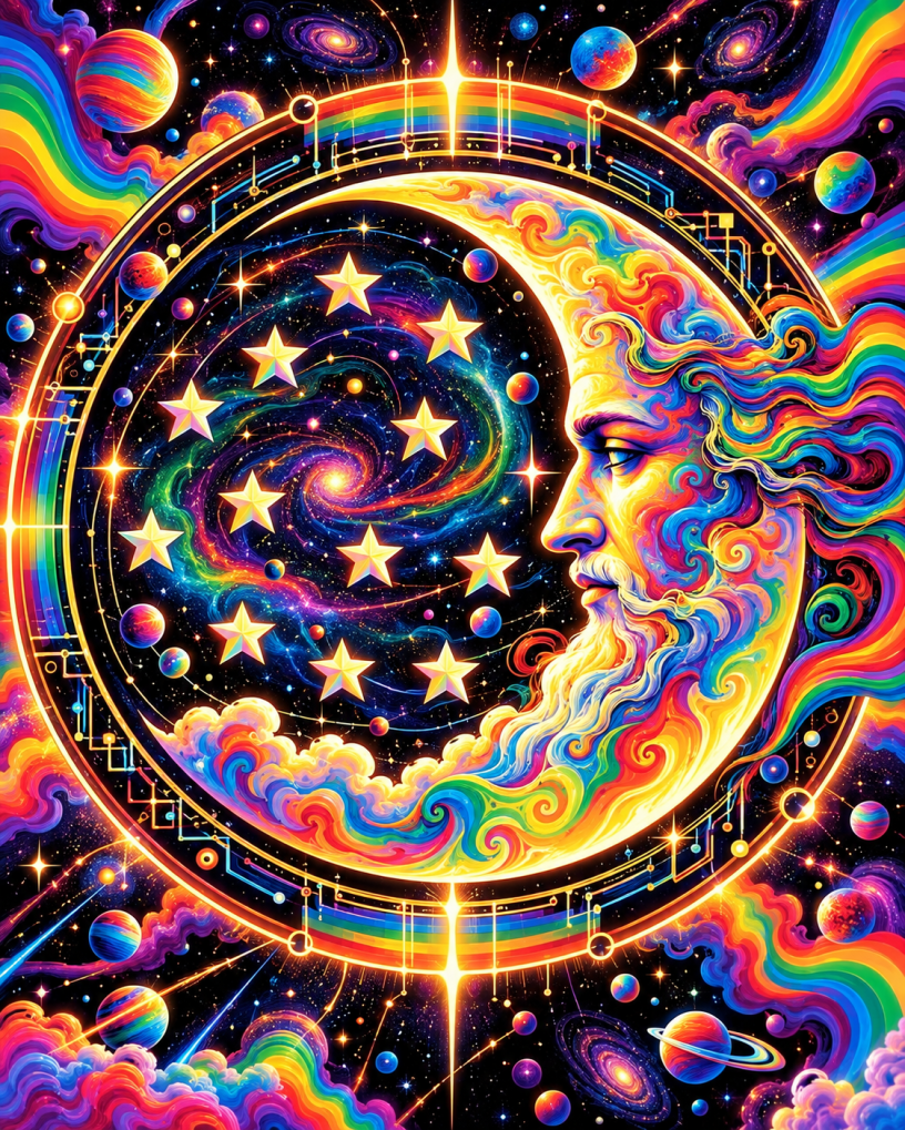 Psychedelic AI reimagining of the historic Procter & Gamble Man in the Moon logo with 13 stars.