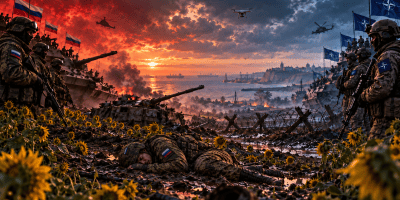 Editorial illustration of Russian and NATO forces facing each other across a muddy Black Sea battlefield while a young Russian soldier lies motionless in the foreground, a damaged tank burns nearby, drones and helicopters fly overhead, and merchant ships sit offshore.