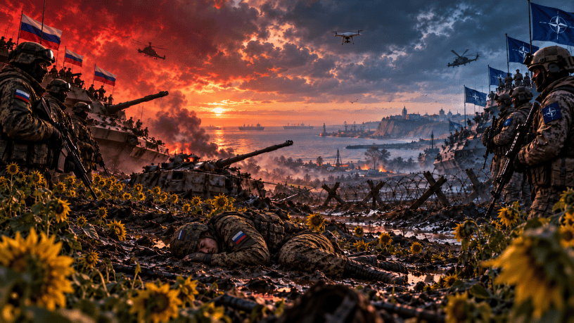 Editorial illustration of Russian and NATO forces facing each other across a muddy Black Sea battlefield while a young Russian soldier lies motionless in the foreground, a damaged tank burns nearby, drones and helicopters fly overhead, and merchant ships sit offshore.