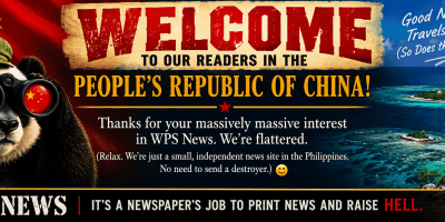 Satirical WPS News banner welcoming readers from China. A panda wearing a military-style cap looks through binoculars with Chinese flags reflected in the lenses. Behind it are the Chinese flag and the West Philippine Sea, with signs reading Facts, Analysis, Perspective, and A Little Hell. The banner celebrates independent journalism with political humor.